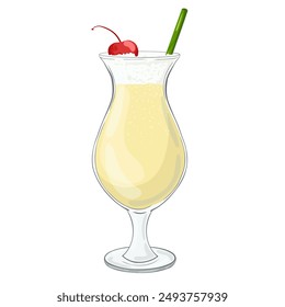 Pina colada in glass. Cartoon glass with non-alcoholic mocktail. Vector sweet drink in transparent glass. Beverage with pineapple and milk. Summer drink. Print for menu, restaurants, stickers.