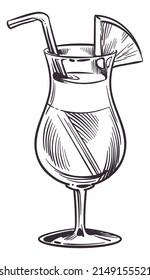 Pina colada glass with straw and fruit slice. Hand drawn cocktail
