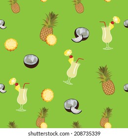 Pina Colada green vector seamless  pattern. Pineapple, coconut and Pina Colada cocktail seamless vector pattern on green background.