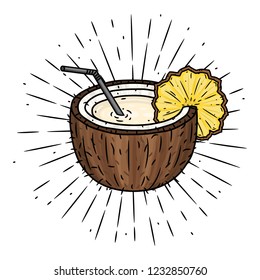 Pina colada. Hand drawn vector illustration with coconut and divergent rays. Used for poster, banner, web, t-shirt print, bag print, badges, flyer, logo design and more. 