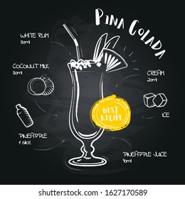 Pina Colada. Image of a cocktail and a set of ingredients for making a drink at the bar. Sketch on a black chalkboard. Vector illustration