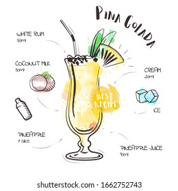 Pina Colada. Image of a cocktail and a set of ingredients for making a drink at the bar. Watercolor sketch on a white background. Vector illustration