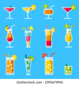 Pina colada, juice, mojito and other various alcoholic summer cocktails. Vector alcohol mojito, juice beverage illustration