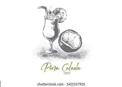 Pina colada, light rum with coconut milk and pineapple juice, exotic alcohol beverage, delicious long drink. Delicious tropical cocktail recipe book concept sketch. Hand drawn vector illustration