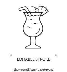 Pina colada linear icon. Footed glass with drink, slice of fruit and straw. Alcohol beverage. Thin line illustration. Contour symbol. Vector isolated outline drawing. Editable stroke