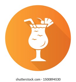 Pina colada orange flat design long shadow glyph icon. Footed glass with drink, slice of fruit and straw. Alcohol beverage. Sweet mix with rum and pineapple juice. Vector silhouette illustration