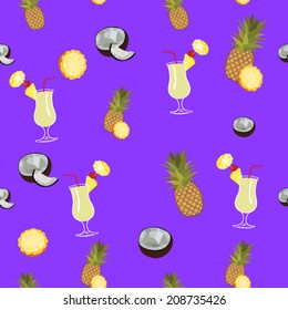 Pina Colada purple vector seamless  pattern. Pineapple, coconut and Pina Colada cocktail seamless vector pattern on purple background.