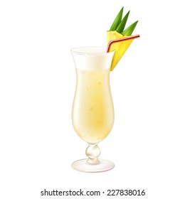 Pina colada realistic cocktail in glass with pineapple slice and drinking straw isolated on white background vector illustration