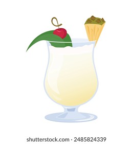 Pina Colada realistic cocktail with pineapple slice, straw and drinking straw. Vector illustration glass of alcoholic drink isolated on white background. Sweet summer beach cocktail.