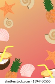 Pina colada, sea, fruits. Summer vector postcard. Design for banner, flyer, poster, greeting card, invitation.
