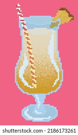 Pina colada simple 8 bit pixel vector cocktail with straw and ice on pink background 