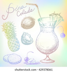 Pina colada sketch set. Hand-drawn Pina colada illustration. Ink drawn Pina colada cocktail set with ingredients coconut cherry pineapple ice. Pina colada cocktail set drawn in delicate pastel colors