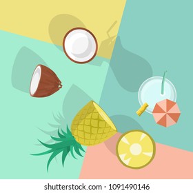 Pina colada top view. Image with cocktail and its ingredients on colorful background. Illustration for menu, poster, banner, t-shirt.