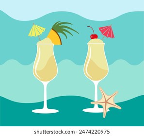 Pina Colada is a tropical cocktail. Colored vector icons on sea background.