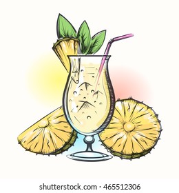 Pina colada tropical pineapple and coconut cocktail. Vector illustration in watercolor style