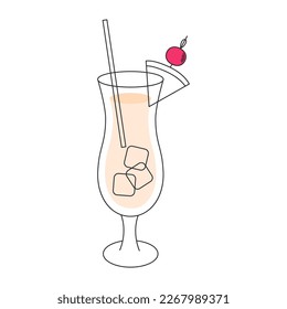 Pinacolada. Pina Colada cocktail in a glass with a straw and a piece of pineapple. Vector flat illustration on a white background