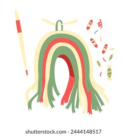 Pinana rainbow isolation on white background. Surprised item for traditional mexican party. local event elements. Carnival and birthday toy for celebration. Vector flat illustration