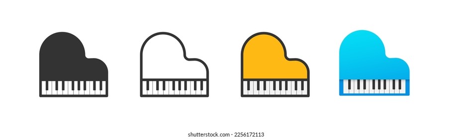 Pinao icon on light background. Black and white keyboard symbol, view above. Grand piano sign. Outline, flat, and colored style. Flat design. 