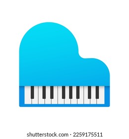 Pinao on light background. Blue grand piano sign. Black and white keyboard symbol, top view. Musical instrument. Flat design with light shadows.