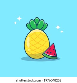 Pinaple and water melon fruit vector cartoon illustration, summer fruit illustration