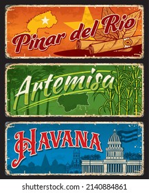 Pinar del Rio, Artemisa, Havana Cuban regions. Vector travel plates and stickers with maps and flags of Cuba provinces, cigars, tobacco leaves, Havana cathedral and Capitol building, sugar cane, palms