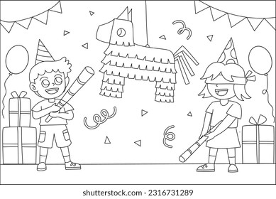 Vector de página de color de fiesta de cumpleaños Pinata