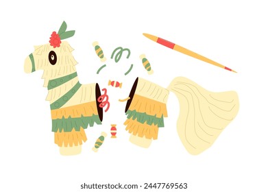 Pinata broken isolation on white background. Horse shape item for traditional mexican party. Local event elements. Carnival and birthday toy for celebration. Vector flat illustration