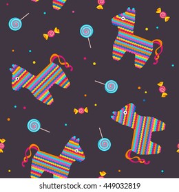 Pinata, candies, confetti seamless vector pattern. Vector illustration 