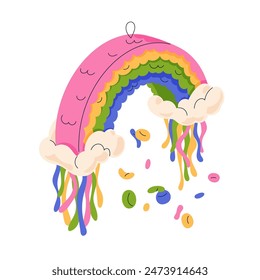 Pinata decoración, papel arco iris. Juguete decorativo tradicional mexicano para la celebración del Cinco de Mayo. Decoración festiva de cinta de colores con caramelos. Ilustración vectorial plana aislada sobre fondo blanco