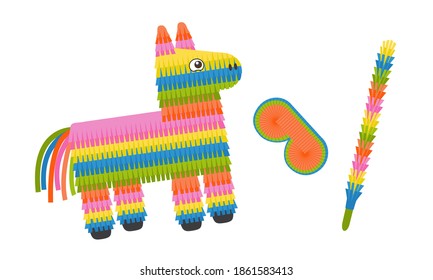 Pinata donkey with eye mask and stick isolated on white background. Colorful pinata toy with sweets and candies for birthday party. Vector illustration in flat style.