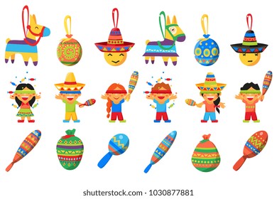Pinata, elements for Mexican party, children breaking traditional donkey shaped Pinata vector Illustrations on a white background
