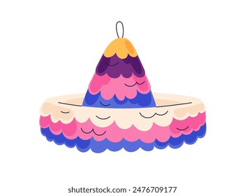 Pinata hat, festive party decoration. Traditional Mexican holiday candy toy. Bright cap for birthday carnival. Colorful decor for Cinco de Mayo. Flat vector illustration isolated on white background