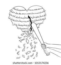 Pinata heart metaphor coloring vector illustration. Isolated image on white background. Comic book style imitation.