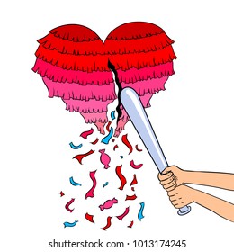 Pinata heart metaphor pop art retro vector illustration. Isolated image on white background. Comic book style imitation.