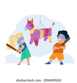 Pinata Hitting Little Boy And Girl On Party Vector. Pinata With Candies Hit Small Schoolboy And Schoolgirl On Mexican Traditional Event. Happy Characters Children Flat Cartoon Illustration