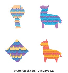 Pinata icons set cartoon vector. Colored mexican pinata for party game. Birthday traditional toy