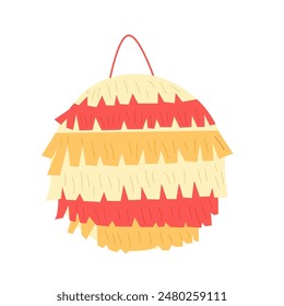Pinata isolation on white background. circle shape decoration for traditional mexican kids party. local event elements. Carnival and birthday toy for celebration. Vector flat illustration