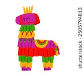 Pinata is like a llama isolated on a white background. Vector flat illustration of colorful llama-shaped paper accessories for a traditional Mexican party. A children