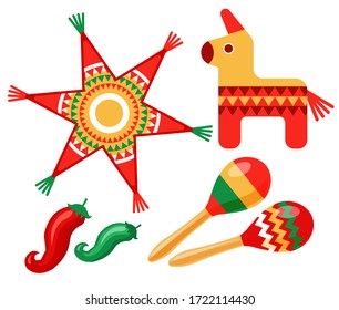 Pinata, maracas, chili peppers. Set of isolated icons on a white background, flat style. Vector illustration.