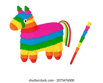 Pinata. Mexican pinata horse with candy and stick. Mexican holiday and carnival.