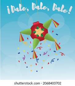 Pinata Mexico, traditional party, candies, star, Christmas, festivity, birthday. Mexican posada party. Text place. Vector illustration with gold poinsettia 