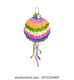 Pinata paper ball, Mexican holiday toy. Colorful traditional decoration for Cinco de Mayo, birthday and carnival. Adornment with candies, gift. Flat vector illustration isolated on white background