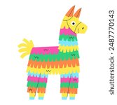 Pinata paper donkey toy with sweets. Mexican holiday decoration. Colorful horse kid adornment for carnival Cinco De Mayo, festival, party, birthday. Vector illustration isolated