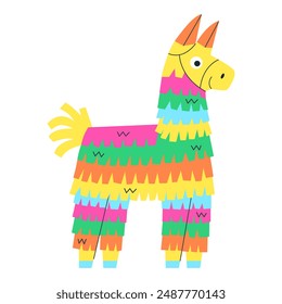 Pinata paper donkey toy with sweets. Mexican holiday decoration. Colorful horse kid adornment for carnival Cinco De Mayo, festival, party, birthday. Vector illustration isolated