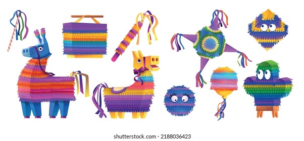 Pinata party icon. Birthday hitting by stick horse, carnival with candy and paper, mexican donkey confetti and ribbons. Birthday party. Striped colorful animals. Vector illustrations set