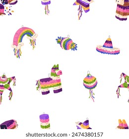 Pinata pattern, colorful Mexican design. Seamless background for Cinco de Mayo, holiday decorations. Repeating endless print, traditional Mexico party. Flat vector illustration for textile, wrapping