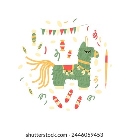 Pinata round isolation on white background. for traditional mexican party. local event elements. Carnival and birthday toy for celebration. Vector flat illustration