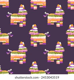  Pinata seamless pattern on a dark background. Mexican culture. Vector illustration