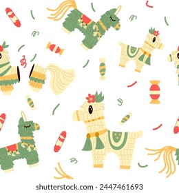 Pinata seamless pattern. Traditional mexican party endless background. Cinco de mayo repeat cover. Vector flat illustration.