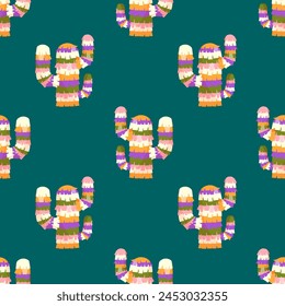 Pinata in the shape of a cactus seamless pattern on a green background. Mexican culture. Vector illustration